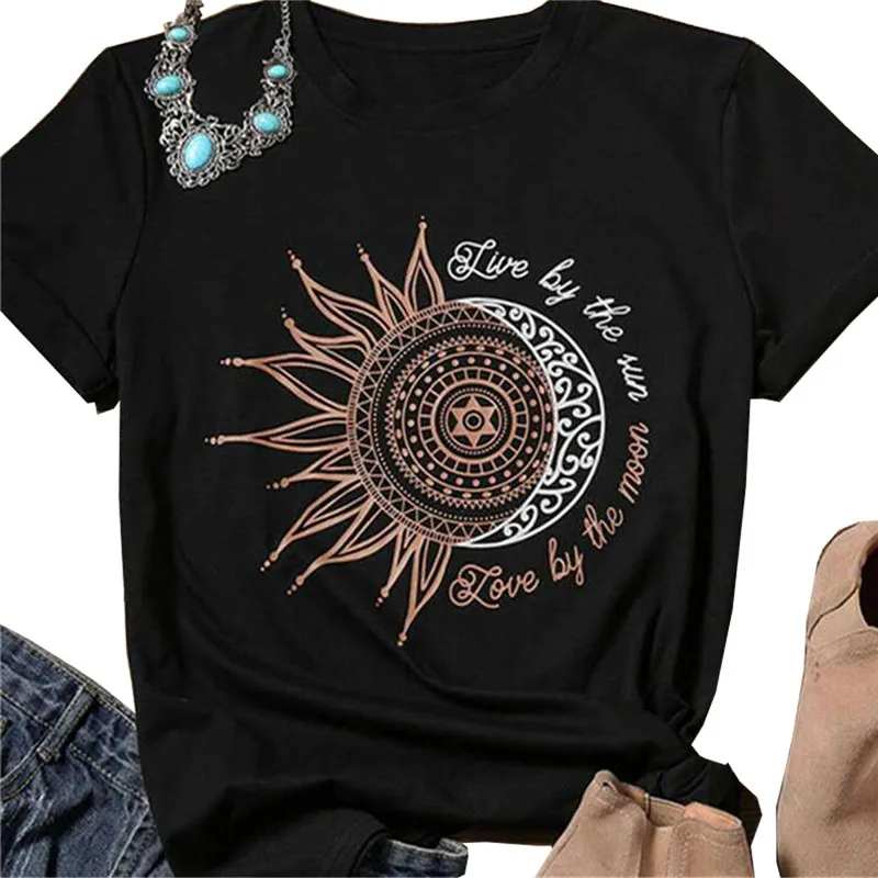

sunfiz YF Live By The Sun Love By The Moon T shirt Cute Graphic Tees Women Short Sleeve Casual Female T-shirts