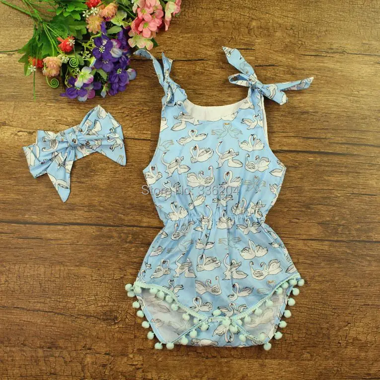 Комбинезон с бантом для девочек хлопковый летний ромпер помпоном и принтом