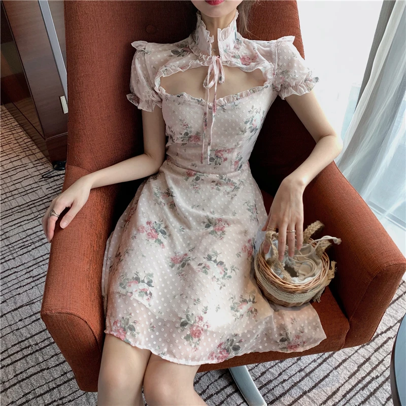 Шифоновое платье с цветочным узором во французском стиле приталенное cheongsam