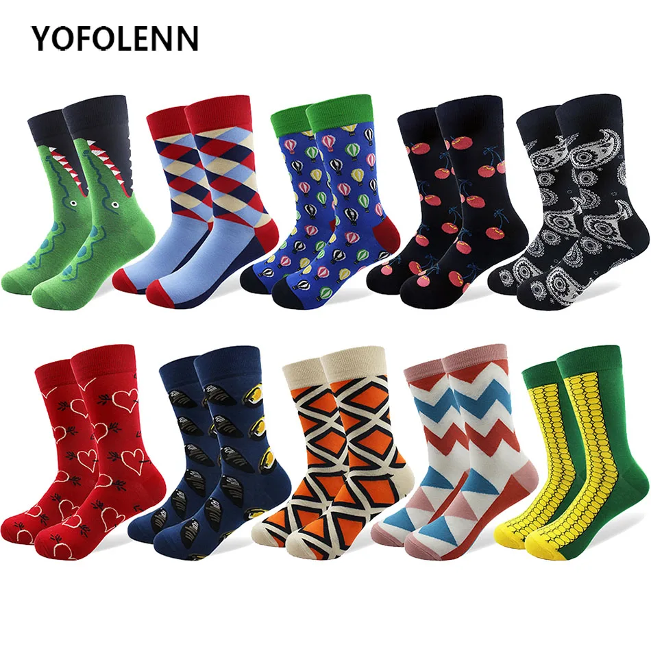 Носки мужские 10 пар/лот из чесаного хлопка Длинные цветные дышащие с квадратным