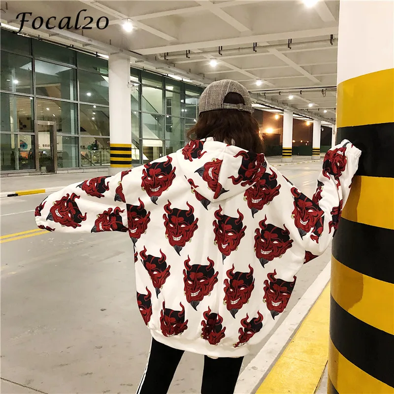 Focal20 Harajuku голова дьявола печати для женщин толстовки на молнии с длинным рукавом осень зима толстовка с капюшоном пуловер