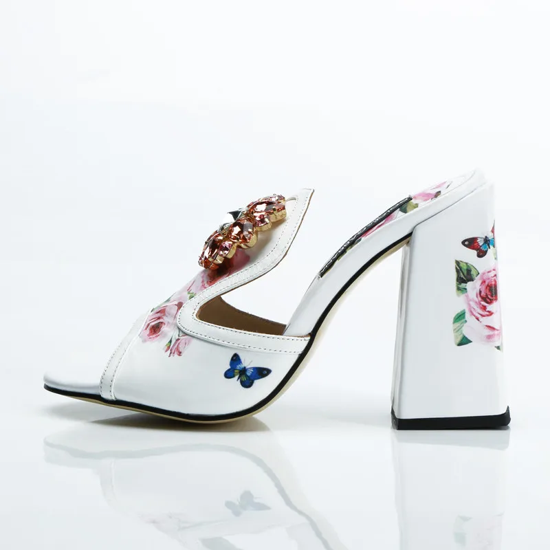 High Heel Новинка года; сезон весна; шлепанцы с цветочным принтом; женская обувь на массивном каблуке с открытым носком; слипоны со стразами; женская обувь для вечеринок со стразами - Цвет: High Heel