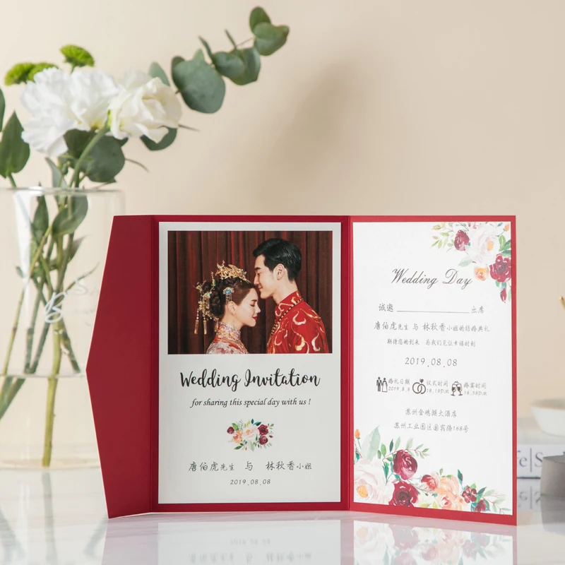 

(100 pieces/lot) Color Photo Printed Burgundy Birthday Invitations Wedding Baby Baptism Invite Cards With Ribbon Tag IC125R