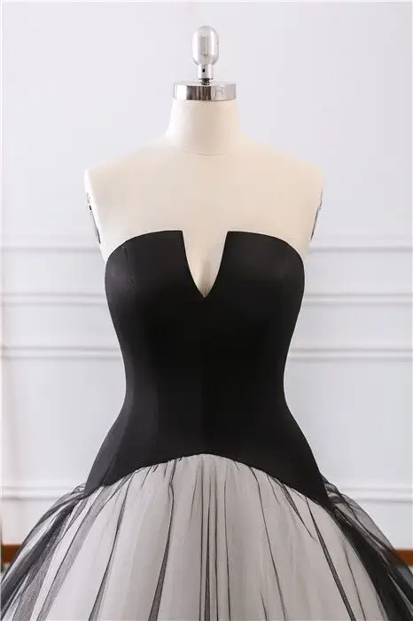 Феи Черный без бретелек v образным вырезом атласная Vestidos De Novia спинки Тюль бальное