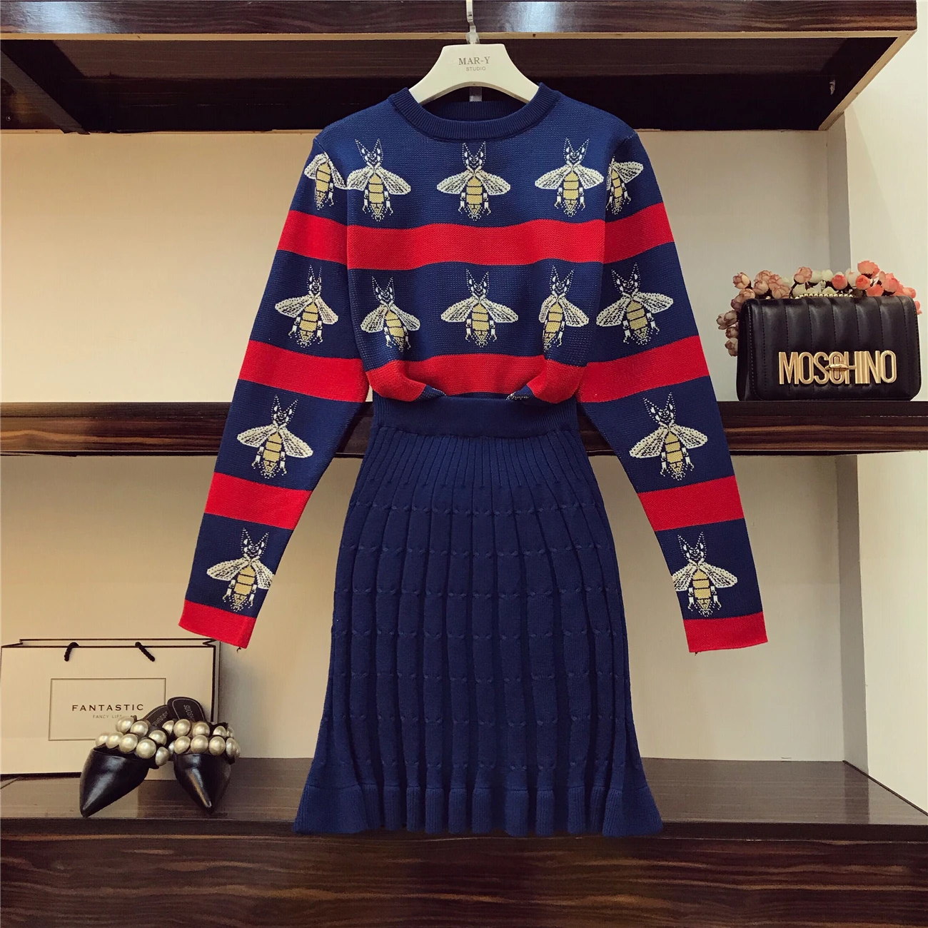 ALPHALMODA,, пчелы, хит, полосатый, цветной, женский, вязаный свитер, юбка, костюмы, OL, осень, зима, Винтаж, модные комплекты одежды
