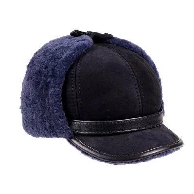 dark blue RY981 Роскошные зимние мужские шапки-бомберы из натуральной кожи с натуральным мехом козы, мужские теплые флисовые шапки коричневого/темно-синего цвета, мотоциклетные шапки - Цвет: dark blue