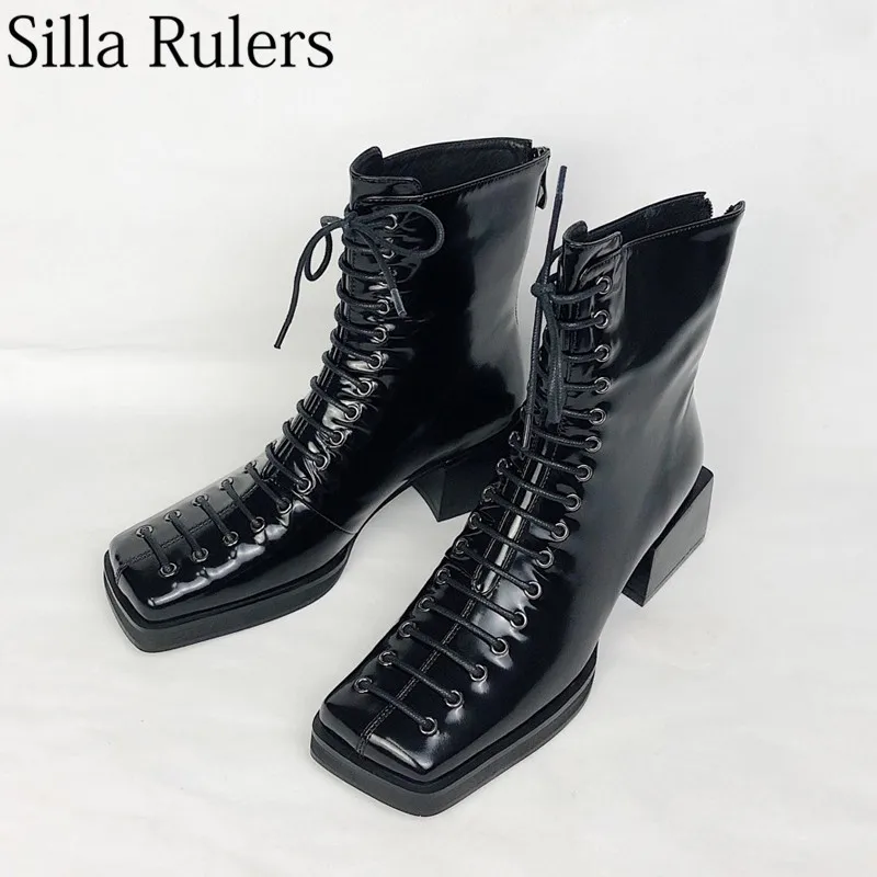 Silla liners/Новинка; зимние ботинки на квадратном каблуке; женские полусапожки из натуральной кожи на шнуровке и молнии; Женские ботинки в байкерском стиле в стиле ретро
