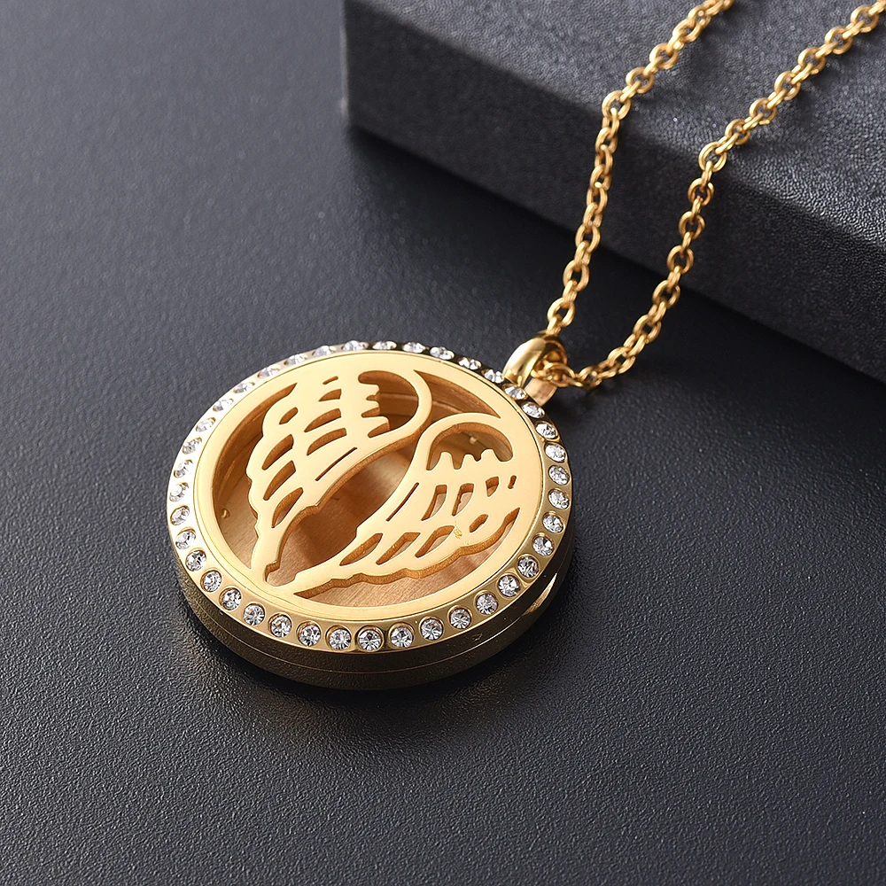 KLH0369 30mm Stainless Steel Gold/Rose Gold/Black Round Angel Wings Aromatherapy Essential Oil Diffuser Locket Necklace | Украшения и
