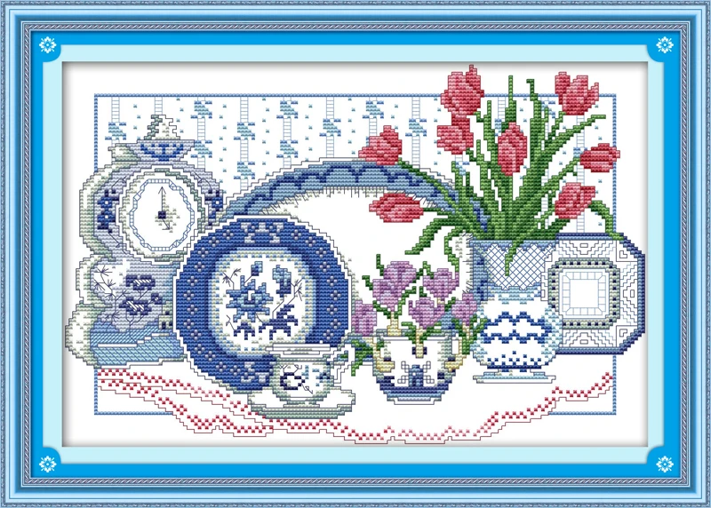 Цветы в селадоне ваза напечатанная на холсте DMC подсчитанные китайские наборы