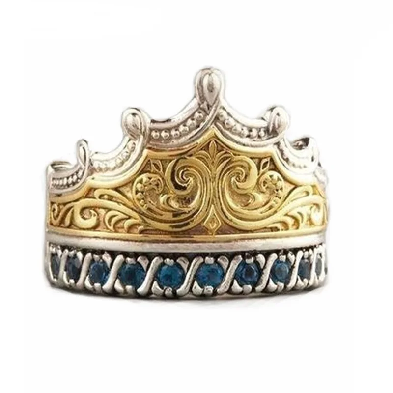 OMHXZJ Wholesale European Fashion Woman Man Party Wedding Gift Crown Blue AAA Zircon 18KT White Gold Yellow Ring RR474 | Украшения и