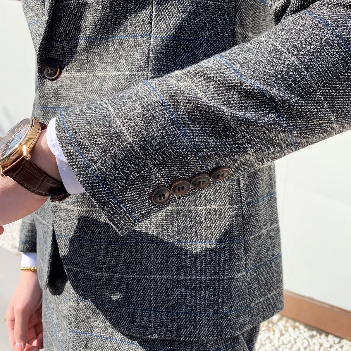 

(Jacket+Pants+Vest) Ternos Slim Fit Masculinos Grey Fashion Plaid Formal Dress Men Wedding Groomsman Tuxedos