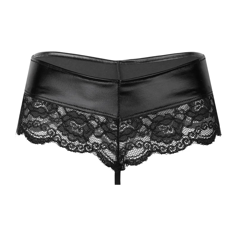 MSemis Women Sexy Open Butt Lingerie Floral Lace Splice G-string Thong Crotchless Bikini Leather Underwear Women Sexy Panties