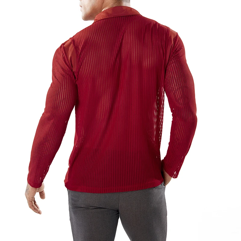 Мужская сексуальная сетчатая рубашка поло с длинным рукавом однотонная