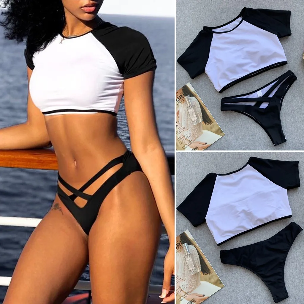 Женский купальник белый с коротким рукавом футболка спортивный стиль Раздельный