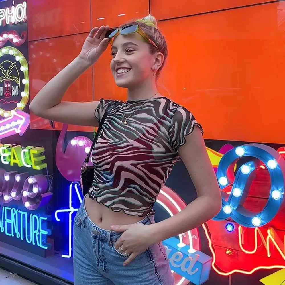 Летняя женская сексуальная прозрачная Сетчатая футболка с принтом зебры и