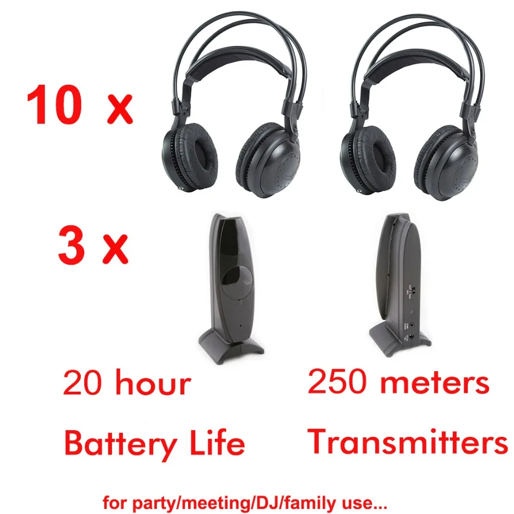 

Professional Ultra low bass Silent disco Wireless headphones 10pcs and 3 transmitters- for silent party meeting DJ and so on