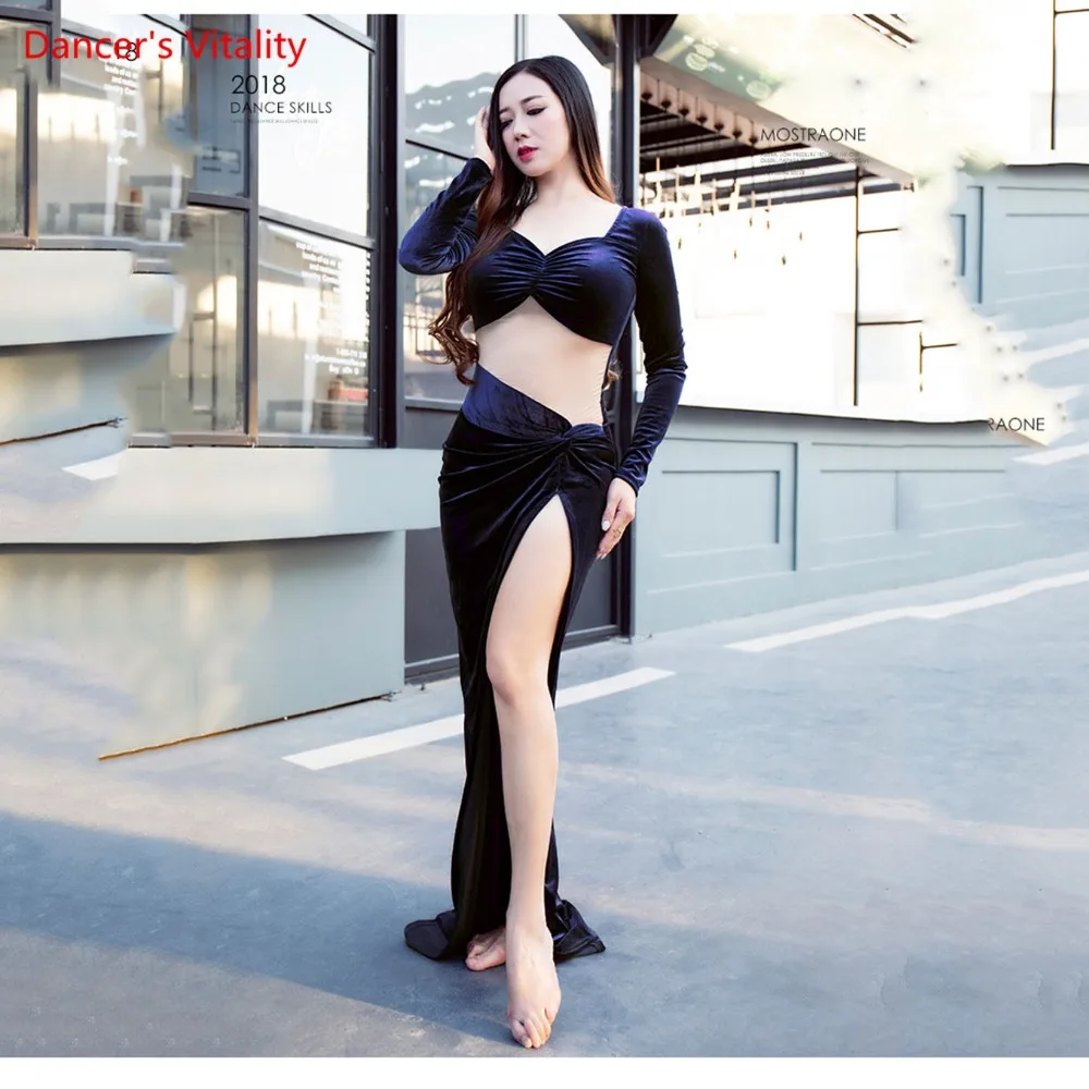 Новое сексуальное платье Velvet+ Mesh Женщины Bellydance Dress Костюм Боковая Сплит Танцор Показать Одежда темно-синий розовый