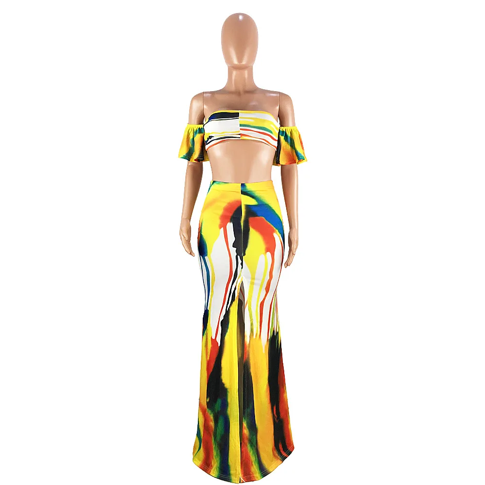 

Sexy Dye Slash Neck Butterfly Short Sleeve Strapless Top With Open Slit Dress Women Dress Suits