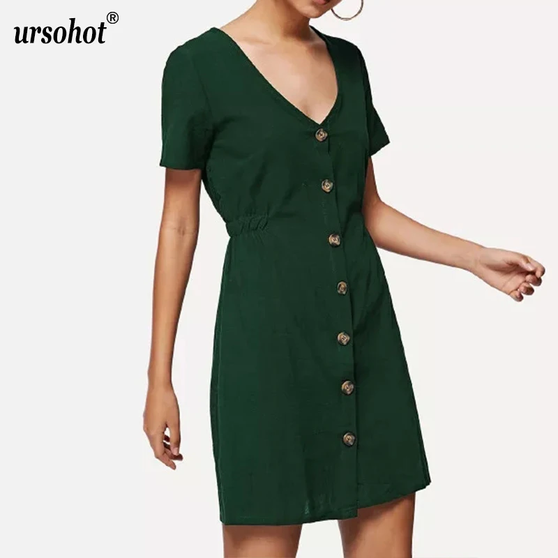 Ursohot/модное повседневное однотонное платье-туника с глубоким v-образным вырезом и
