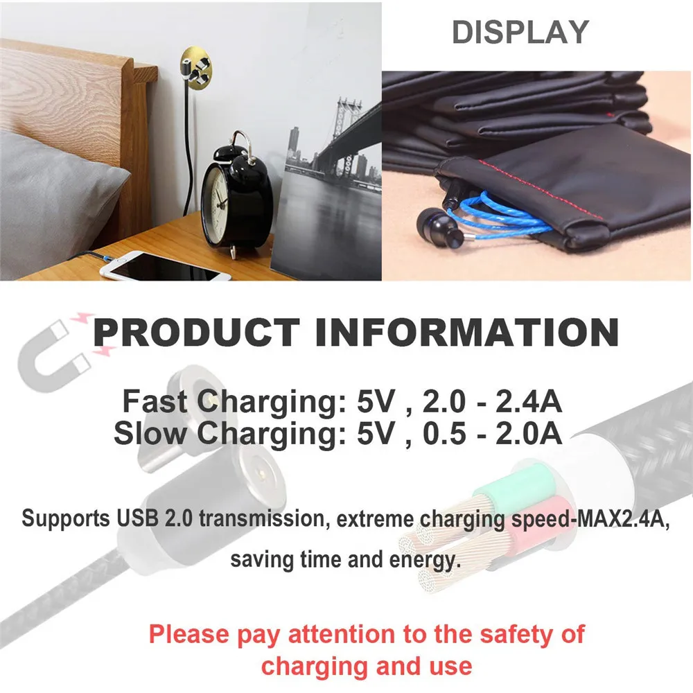 Магнитный круглый светодиодный кабель type C USB-C для samsung huawei P20 P10 P9 Xiaomi Mi4C 2 м, кабель для быстрой зарядки, зарядное устройство, вращение на 360 градусов