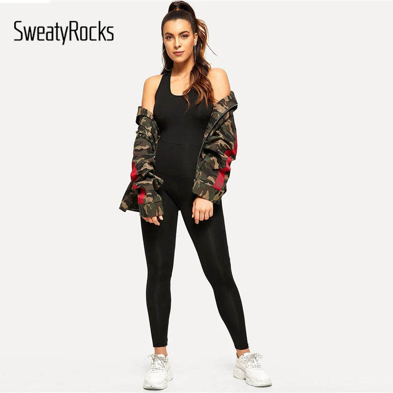 SweatyRocks крест-накрест сзади Совок Шеи Сплошной Тощий Сексуальный Облегающий комбинезон спортивная одежда для женщин фитнес черный комбинезон