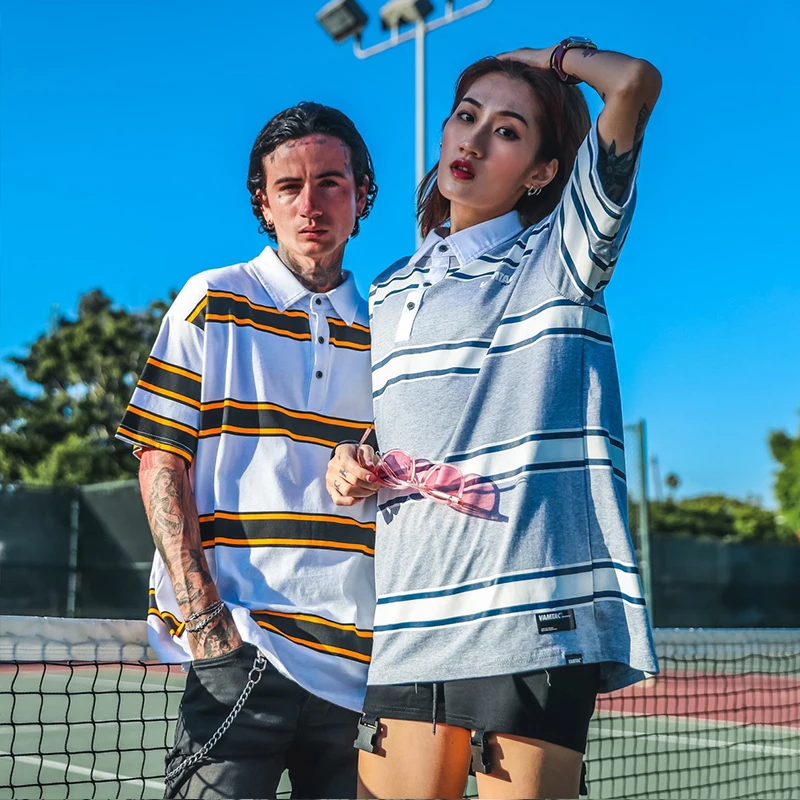 Полосатая Мужская футболка с отложным воротником и пуговицами свободная посадка