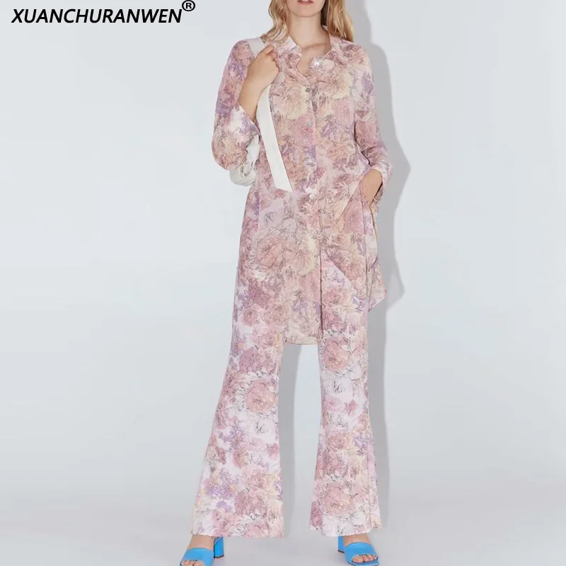 Летний наряд Женский комплект из двух предметов с длинными брюками Цветочная