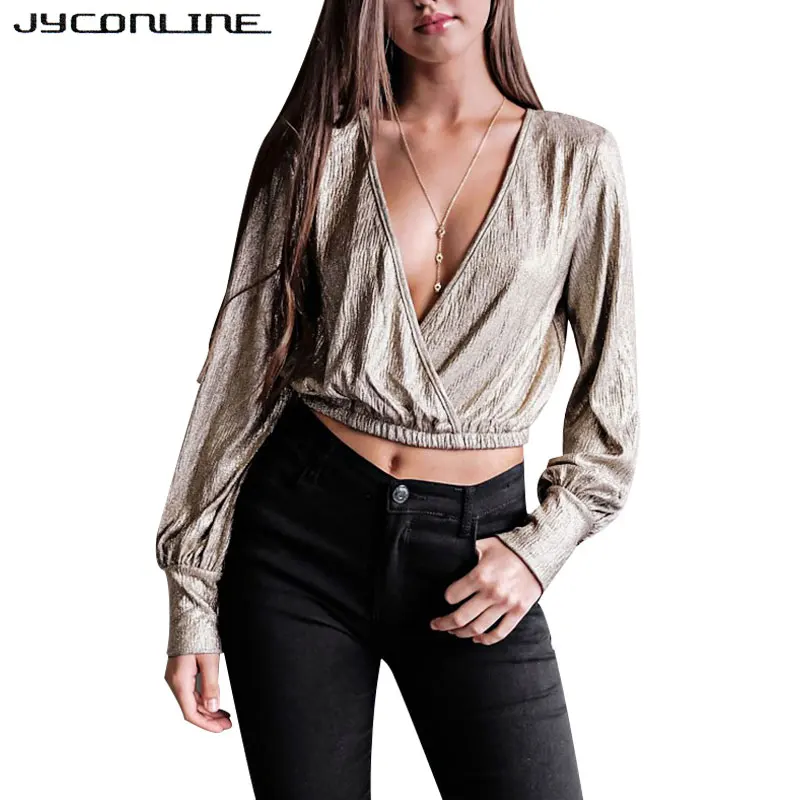 

JYConline Deep V Neck Women Blouse And Shirts 2017 Autumn Long Sleeve Tops Female Shirts Sexy Crop Top Bling Tunic Short Blusas