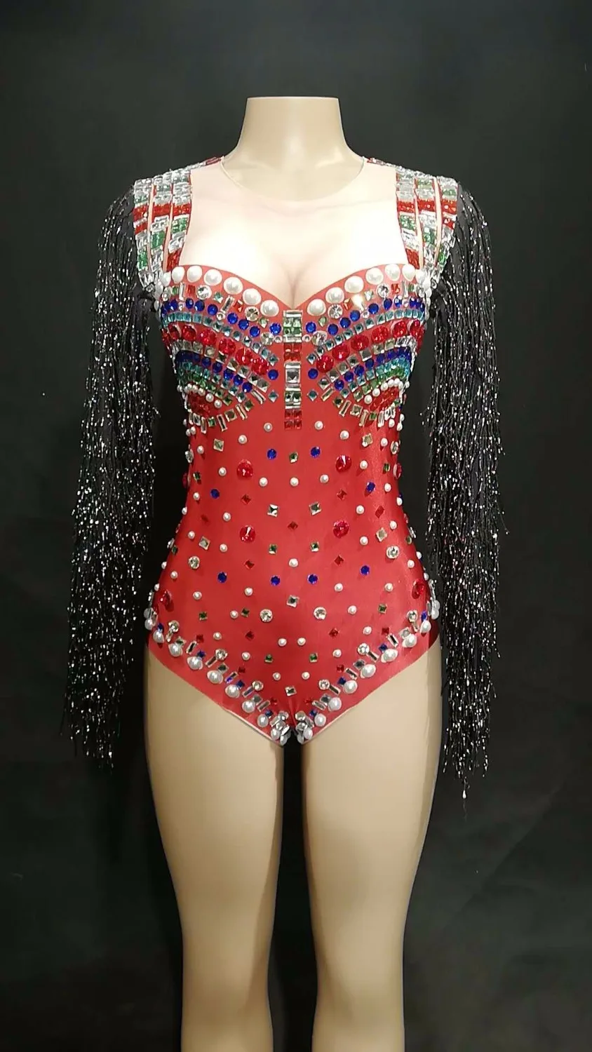 Hot Sale Women Sexy Red Bodysuit Colorful Sparkling Crystals Pearls Nightclub Party Stage Wear Dancer Singer Bling Costumes