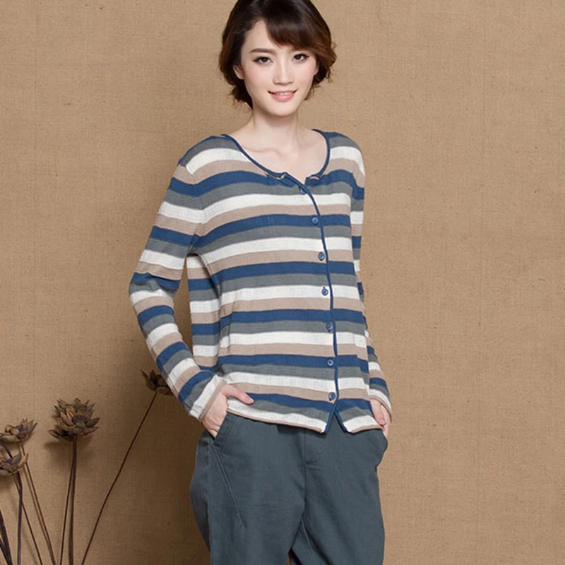 Женский вязаный свитер с длинным рукавом и v-образным вырезом свободный в полоску