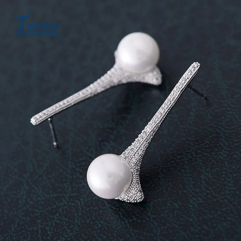 Роскошные серьги с микрозакрепкой из фианита и жемчуга модные украшения невеста