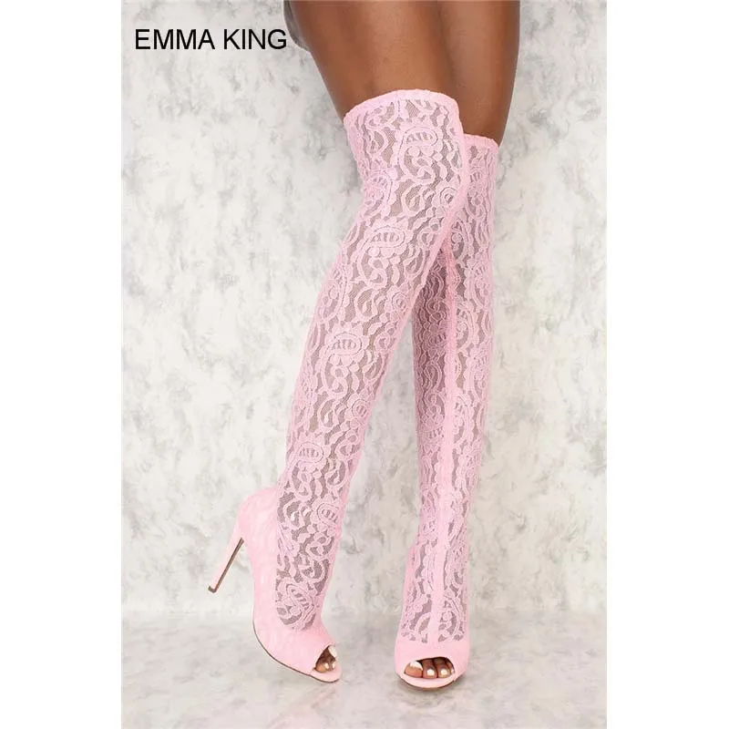 Женские кружевные сапоги-ботфорты модные летние сапоги на тонком высоком