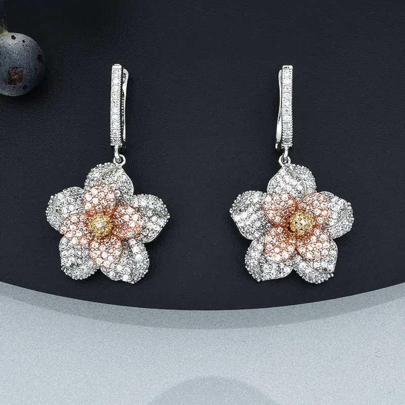 ModemAngel Three Tone Flower Earrings Ring Fashion Jewelry Sets AAA Cubic Zircon Women Wedding Party Bijoux Bijouterie Gift | Украшения и