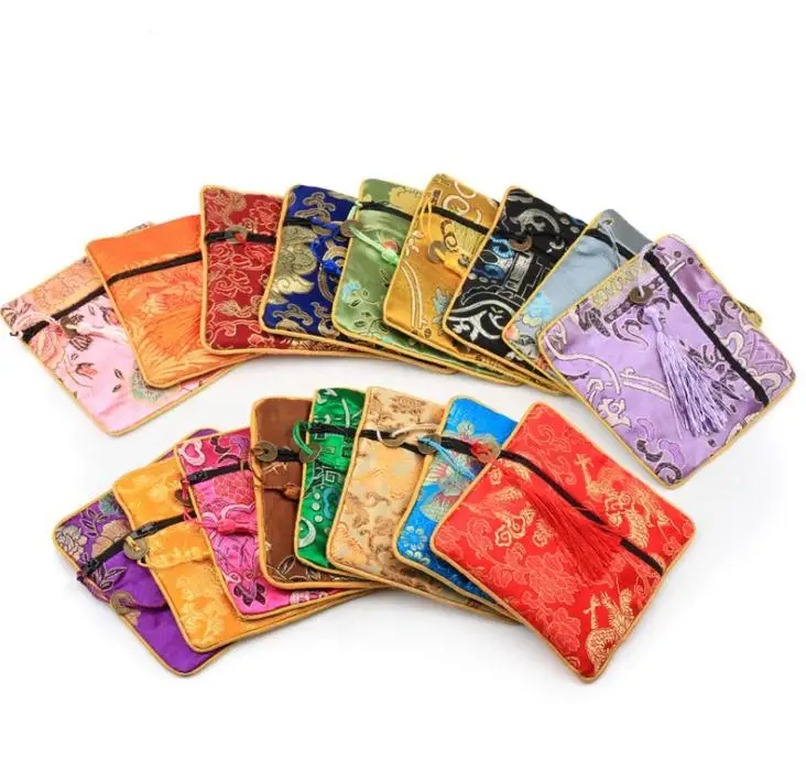 

High End Tassel Small Zip Bag Christmas Candy Bag Women Coin Purse Gift Bags Chinese Silk Card Pouch 100pcs/lot SN1969