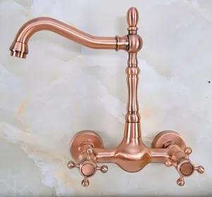 Античная красная медная латунная Настенная Ванная комната кухонный смеситель для раковины поворотный излив смеситель двойные ручки anf944