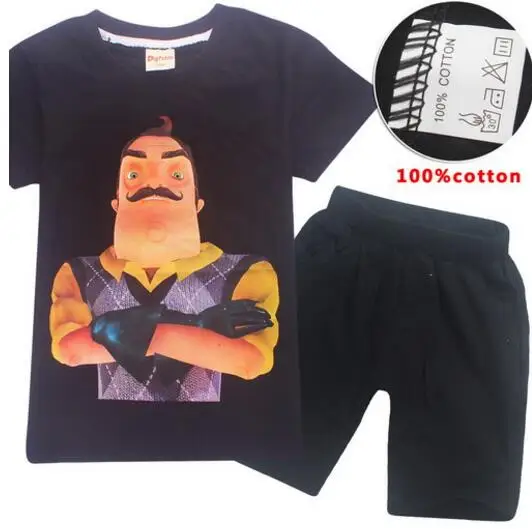 Новинка летняя детская одежда hello neighbor для мальчиков 100% хлопок футболка + штаны