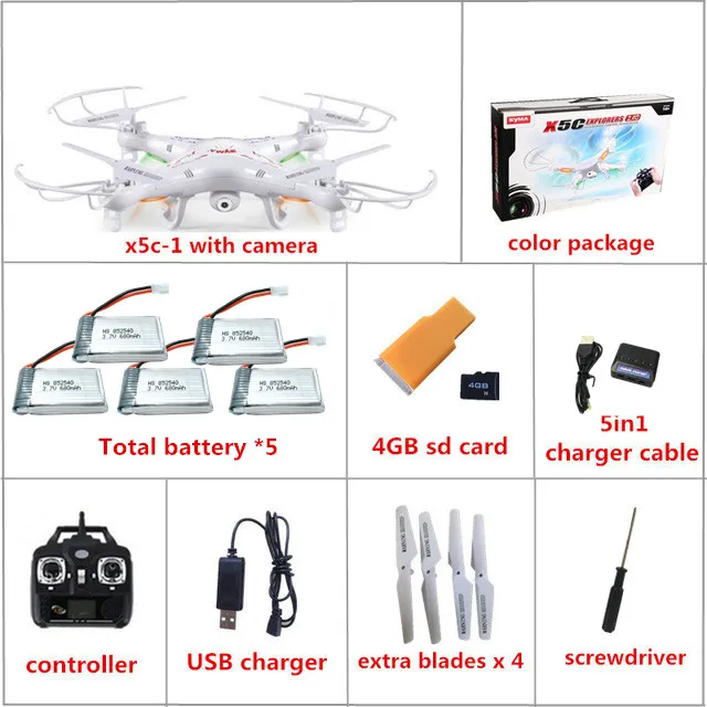 Syma X5C X5C-1(Дрон с камерой 2.0MP) Квадрокоптер с камерой RC Дрон Квадрокоптер или Syma X5 X5-1(без камеры) 2,4G 4CH Дрон - Цвет: X5C 5 batteries
