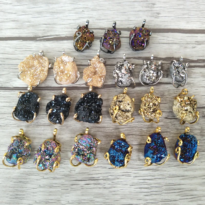 10 шт. натуральный жеод хрустальный кулон druse разноцветный позолоченный в форме