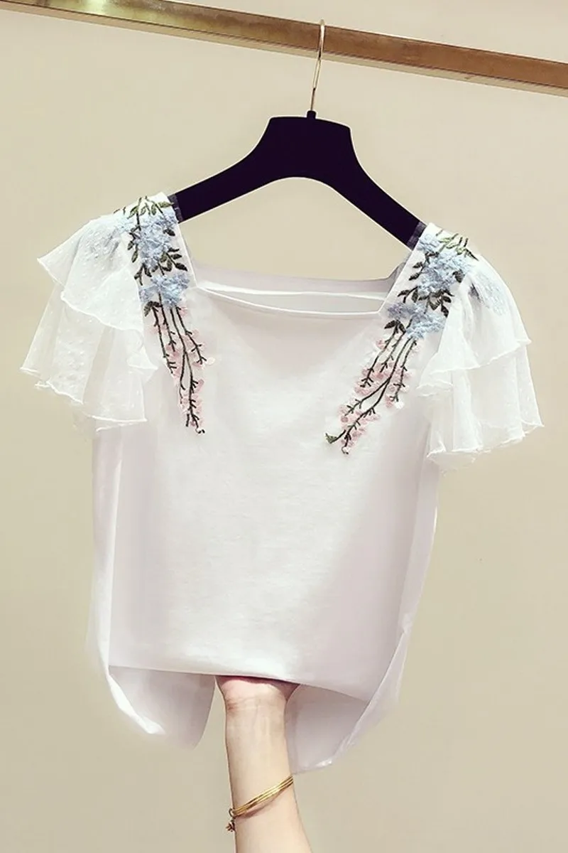 Рубашка летняя новая Корейская версия Маленькая кружевная простроченная