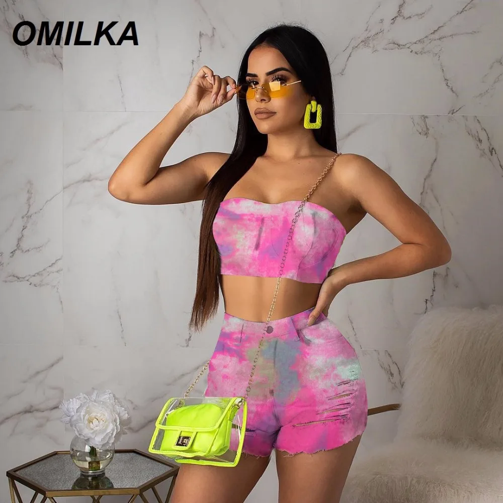 

OMILKA 2019 сексуальный джинсовый короткий комплект из двух предметов короткий топ и шорты с рваными дырками клубный облегающий летний комплект...