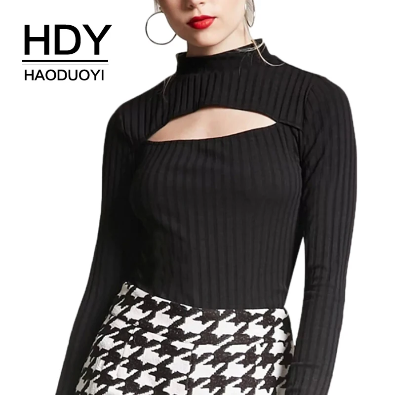 Женская футболка HDY Haoduoyi Черная/бордовая Повседневная с вырезом и длинным