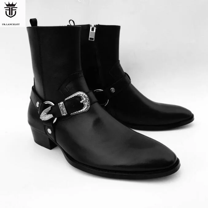 2019 FR.LANCELO Black Soft Genuine Leather Metal Buckle Cross Men Boots Chelsea Flats Zipper Shoes Mens Zapatillas | Обувь