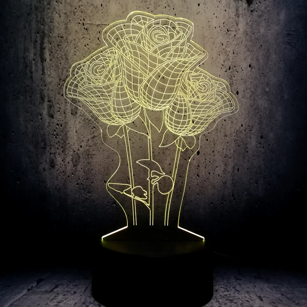 Светильник в форме букета цветов "Роза" 3D с LED-подсветкой для ночного освещения в праздничной комнате, декор для девушки в День Святого Валентина, создание настроения.