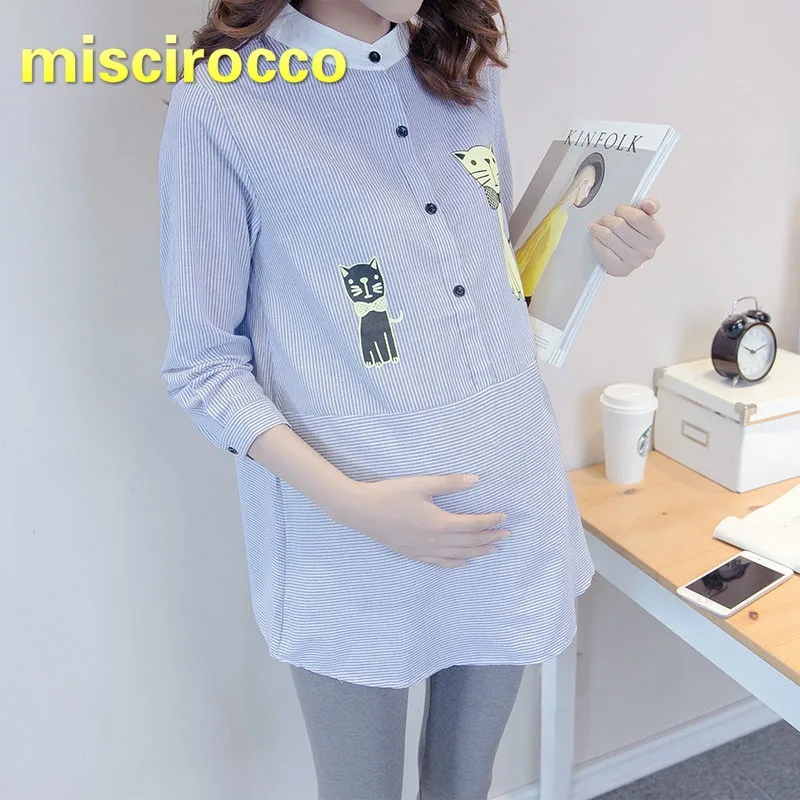 

Pregnant Women Spring 2018 New Large Cotton Shirt Long Sleeved Striped Maternity Clothes Comfortably Breathable