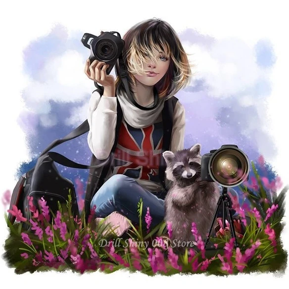 5D DIY Diamond embroidery Girl and little raccoon photography 3D Full diamond painting cross stitch mosaic home decoration gift | Дом и сад