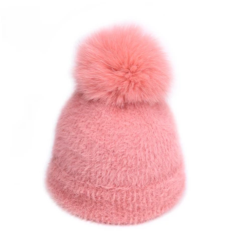 Pink 1 - Hat Новое поступление, винтажная теплая меховая женская шапка, шарф, набор, зимний уплотненный вязаный искусственный мех норки, шапочки, женские шапки, женские шарфы - Цвет: Pink 1 - Hat