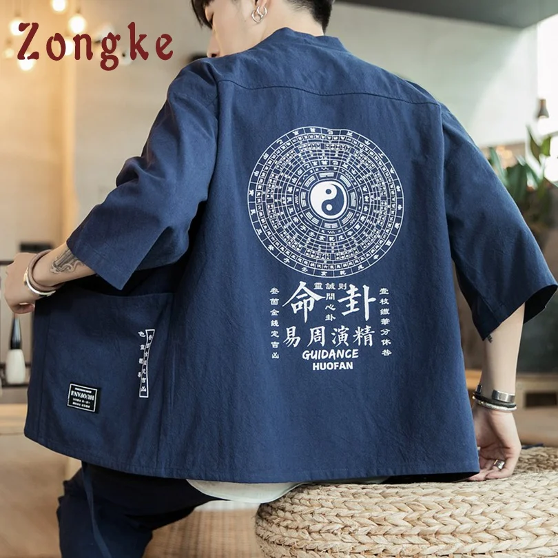 

Zongke Linen Chinese Style Kimono Men Japanese Kimono Cardigan Harajuku Kimono Shirt Men Streetwear Hawaiian Shirt Men 5XL 2022