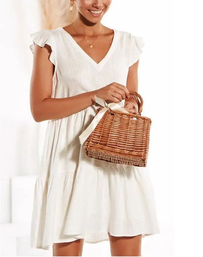 Однотонное пляжное летнее платье женское 2019 сексуальное с v образным вырезом без