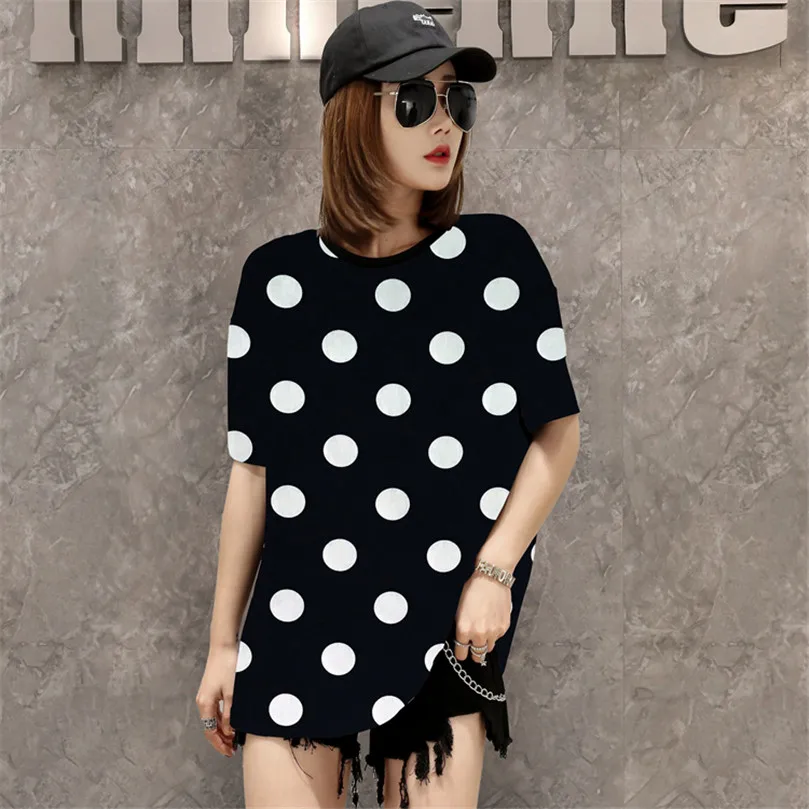 Женская туника базовая футболка с коротким рукавом и принтом в горошек на