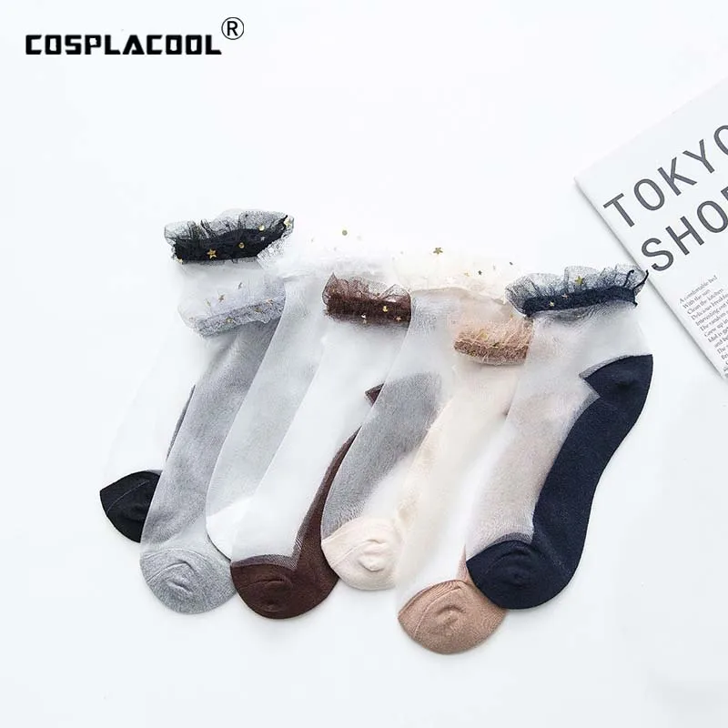 

Летние прозрачные блестящие женские носки [COSPLACOOL] с бантом, ультратонкие кружевные стеклянные носки, шелковые блестящие носки ручной работ...